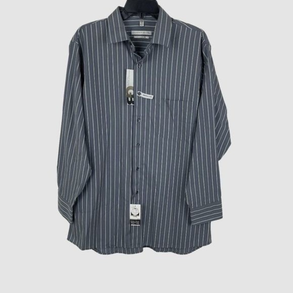 Geoffrey Beene Dress Shirt Regular Fit Mens 16.5 32/33 Grey Striped Wrinkle Free